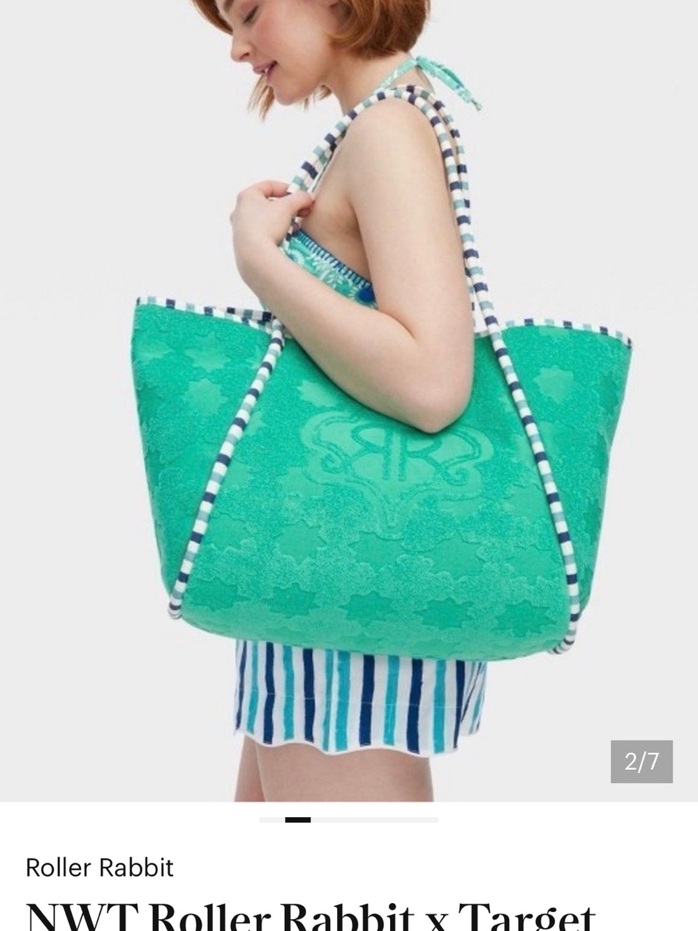 Roller Rabbit Turquoise Embossed Tote with Striped Handles - Picture 2 of 2